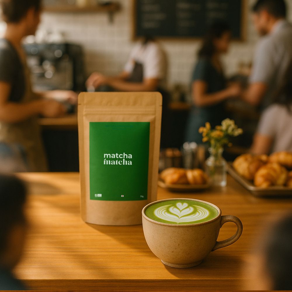sachet matcha matcha avec une tasse de matcha dans un café Bild