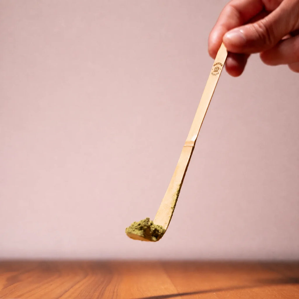 Dosage du matcha avec la cuillère chashaku en bambou du Pack Découverte